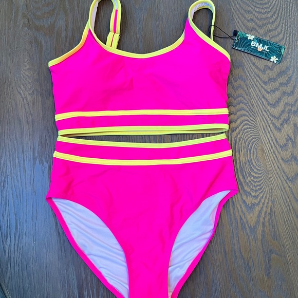 BMJL Neon Pink Two-Piece High-Waisted Bikini Set Swimsuit - Picture 1 of 3